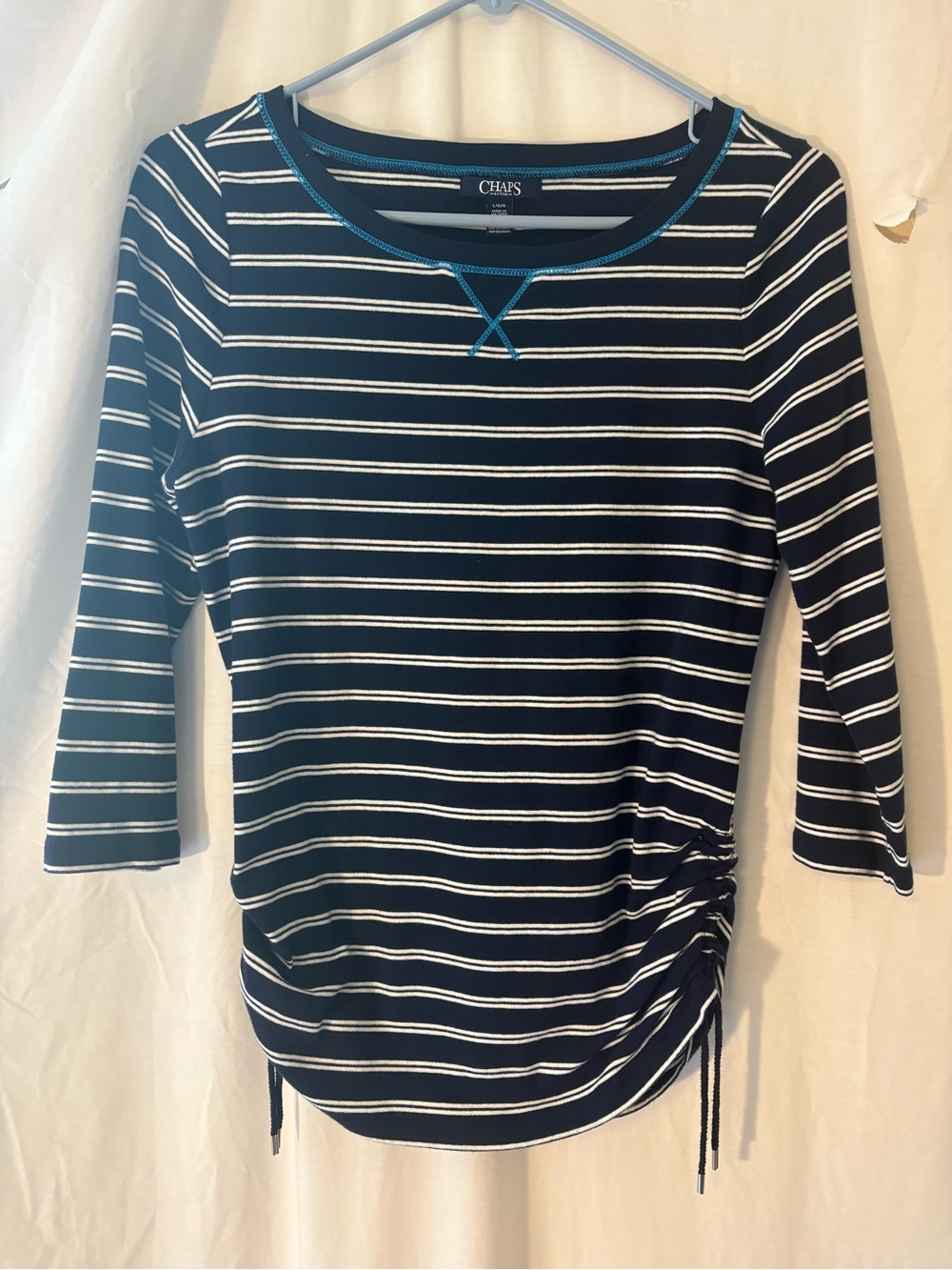 Chaps Navy, White & Teal Trim Striped 3/4 Sleeve Ruched Side Top
